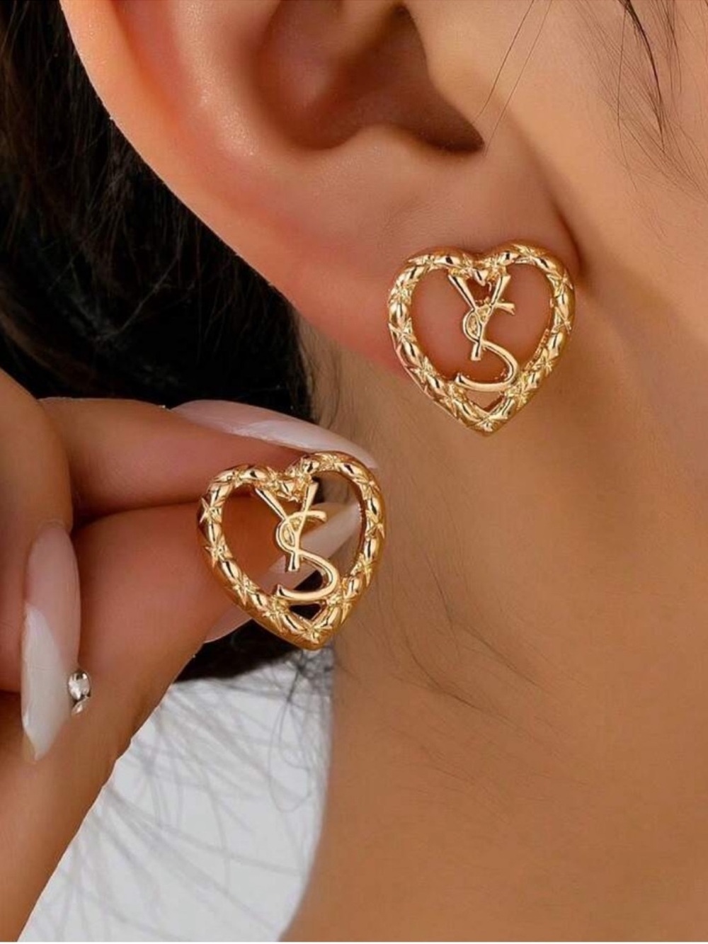 Gold Heart Logo Stud Earrings - Classic Feminine Style